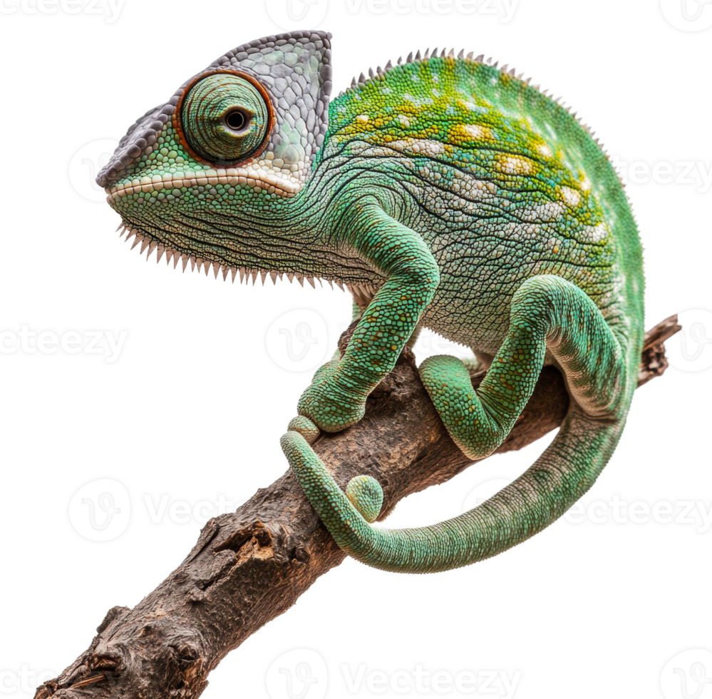Colorful chameleon perched on a branch in nature, cut out - stock . png