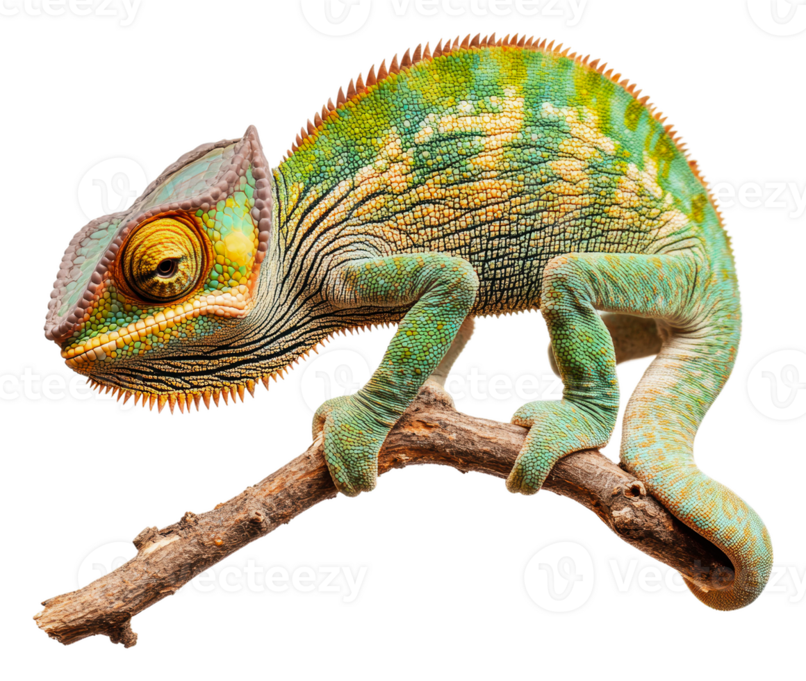 Colorful chameleon perched on a branch in daylight, cut out - stock . png
