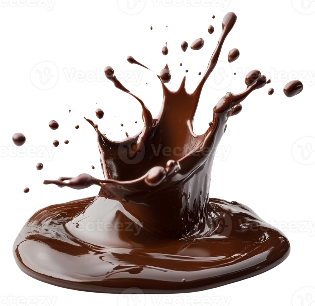 Chocolate splash captured in mid-air during a pour, cut out - stock . png