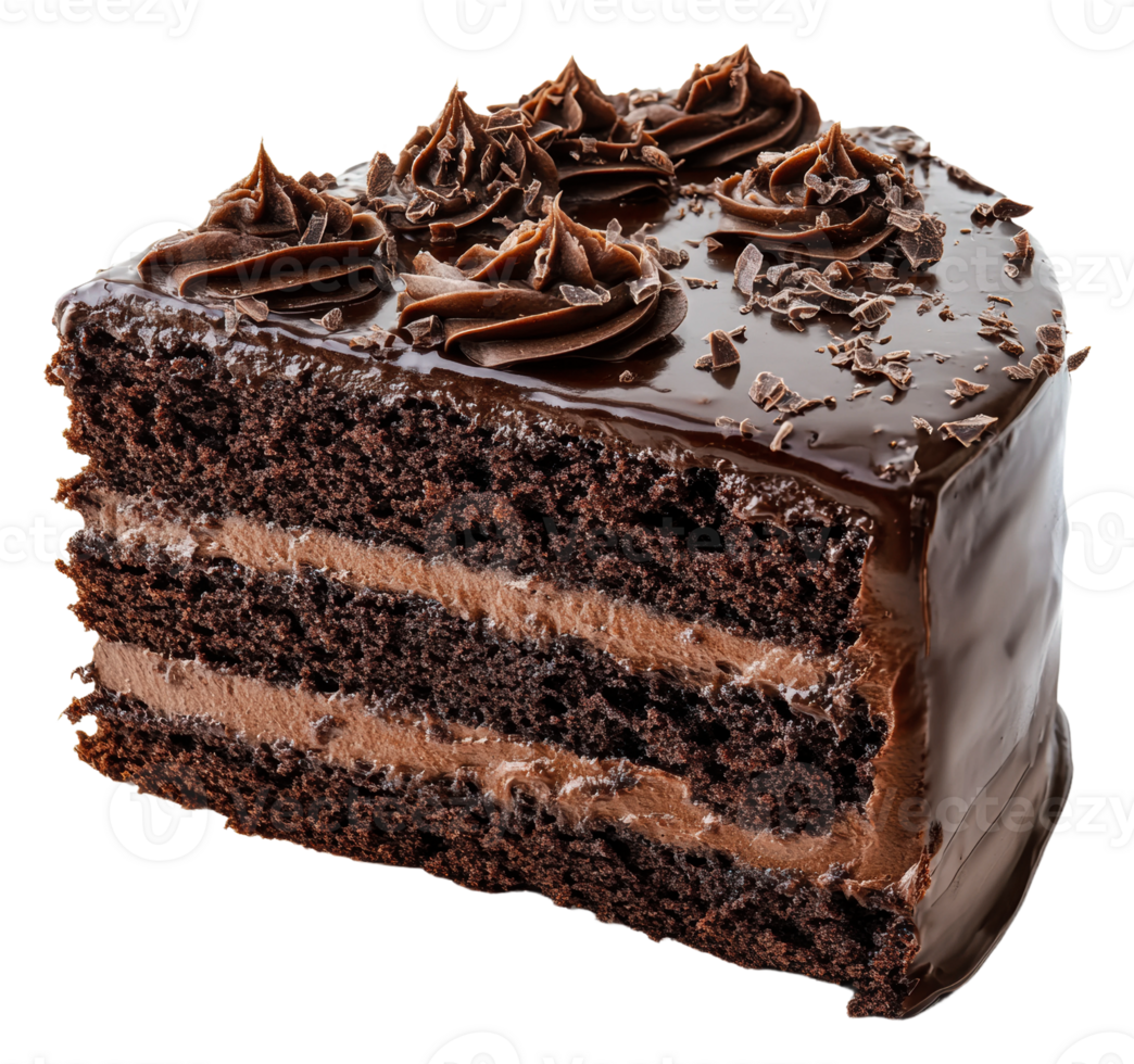 Delicious chocolate cake slice with rich frosting, cut out - stock . png