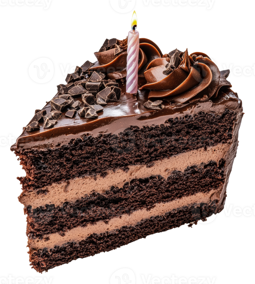 Chocolate cake slice with a candle, cut out - stock . png