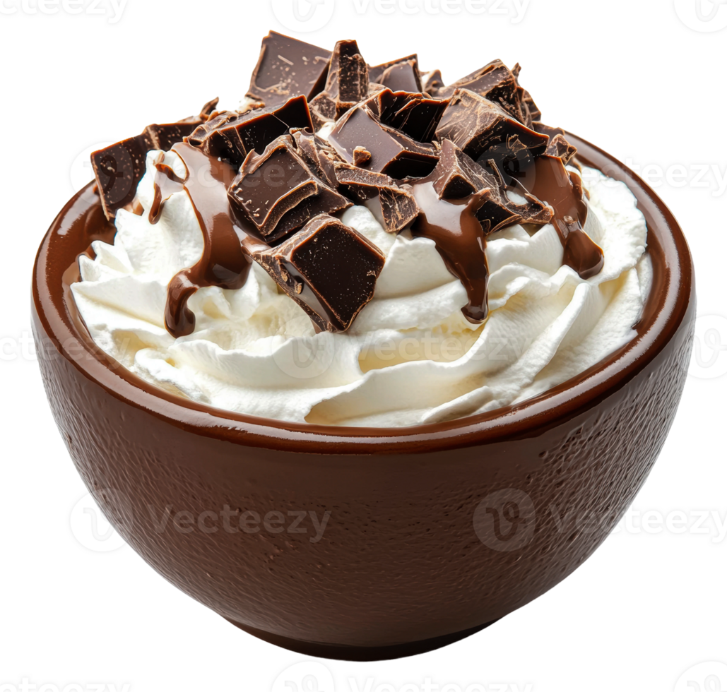 Chocolate dessert with whipped cream chunks, cut out - stock . png