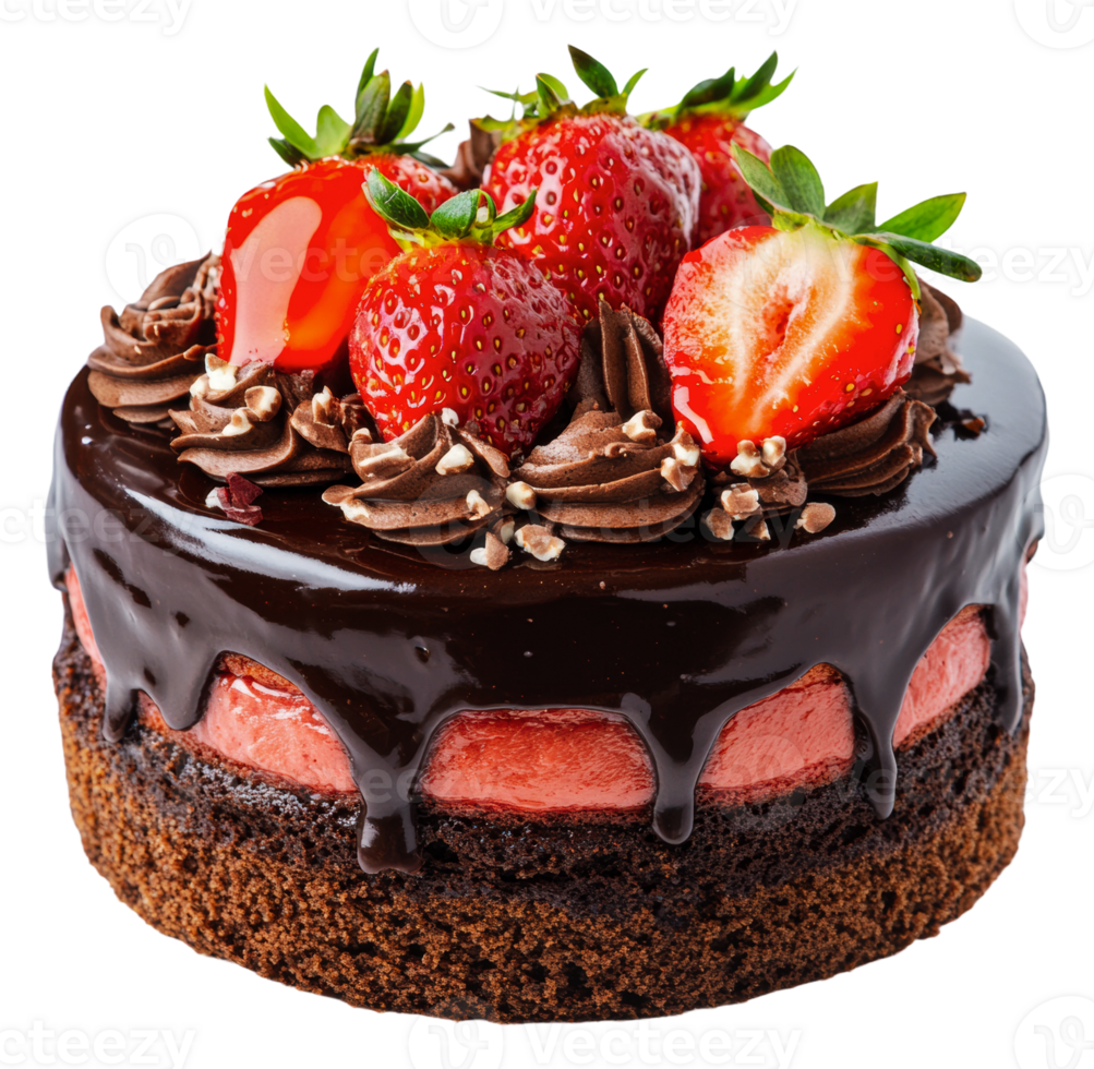 Chocolate strawberry cake with cream, cut out - stock . png