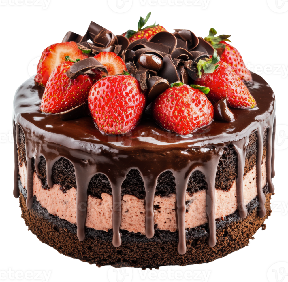 Chocolate strawberry layer cake with toppings, cut out - stock . png