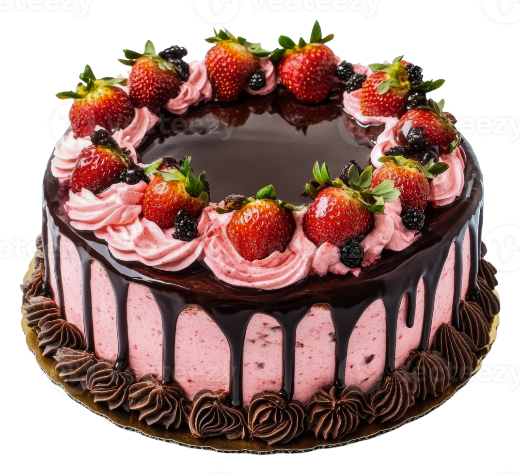 Chocolate strawberry cake with pink icing, cut out - stock . png