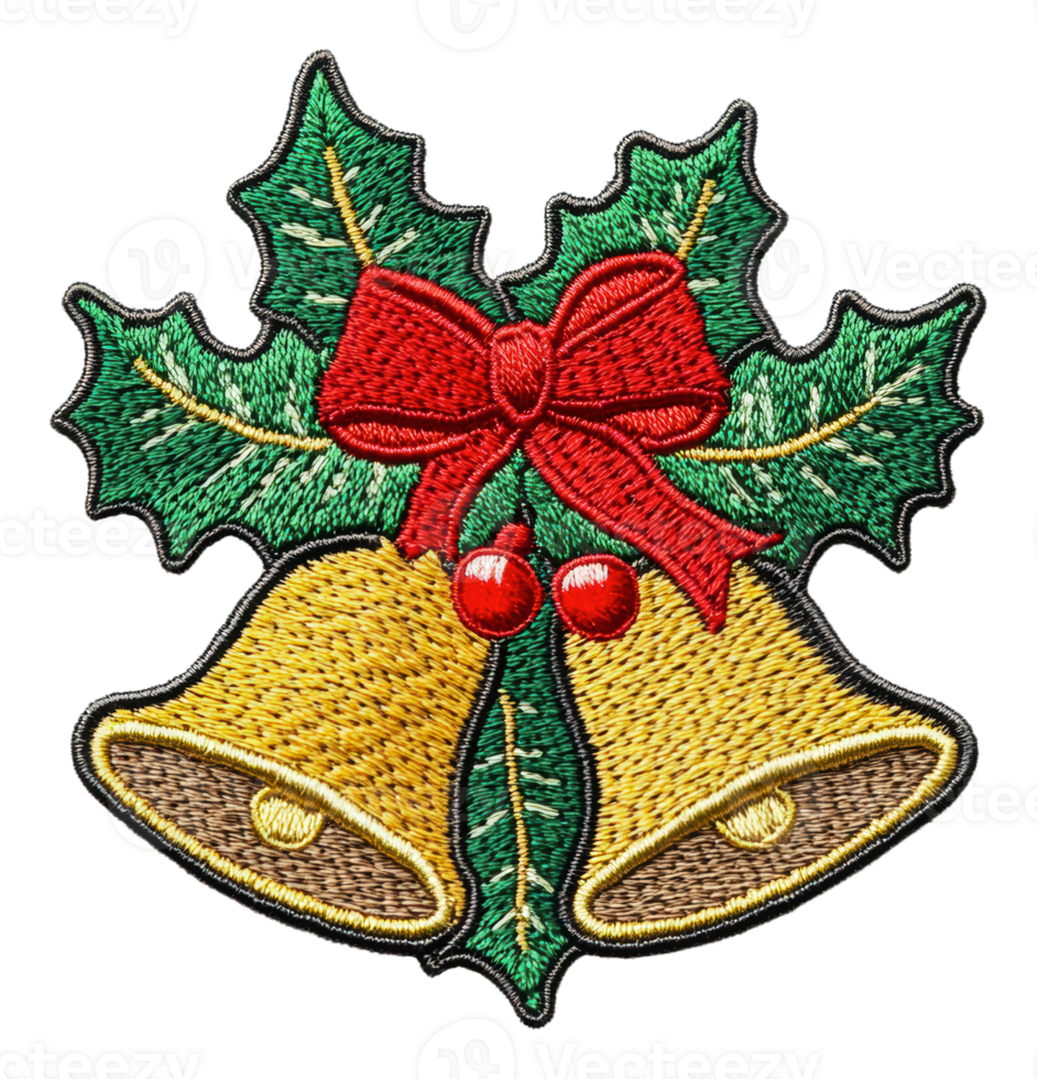 Christmas bells with holly and ribbon, cut out - stock . png