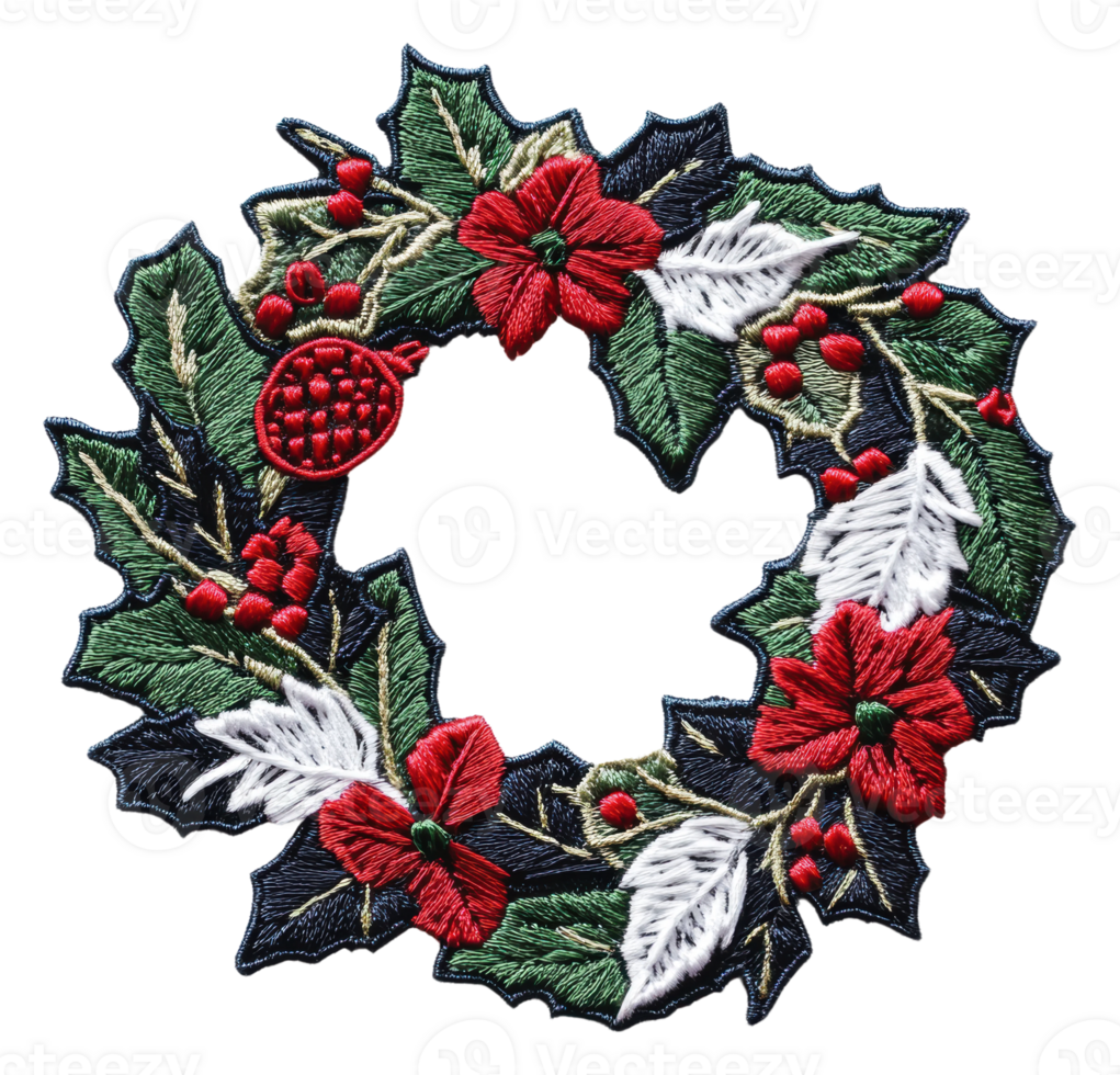Embroidered holiday wreath with red blooms, cut out - stock . png