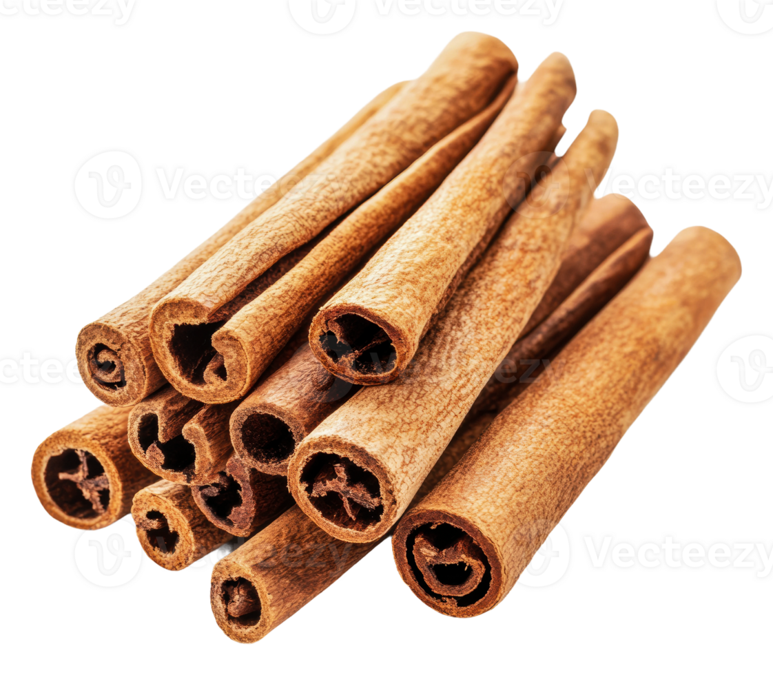 Fresh cinnamon sticks stacked for culinary use, cut out - stock . png