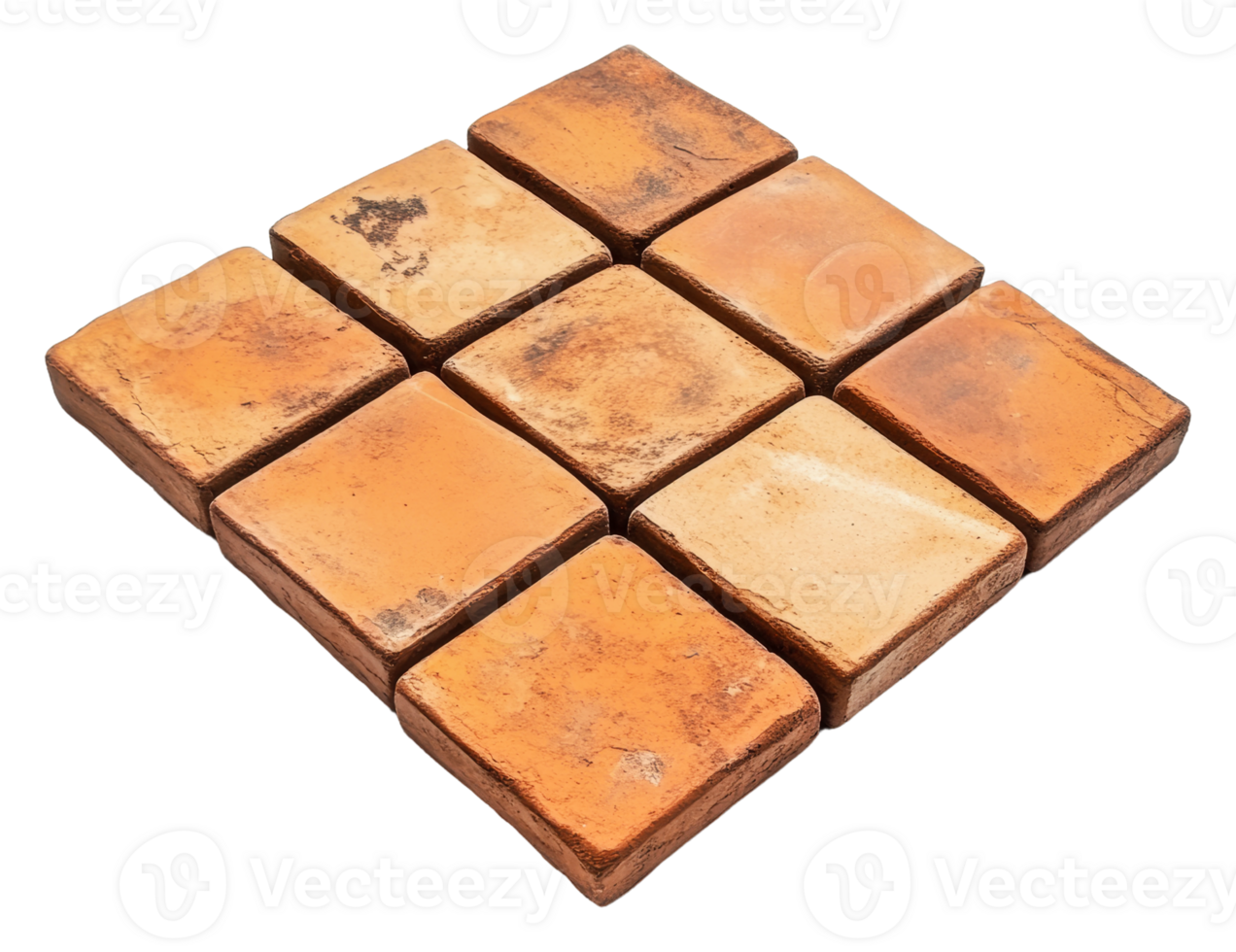 Rustic clay tiles arranged in a square pattern, cut out - stock . png