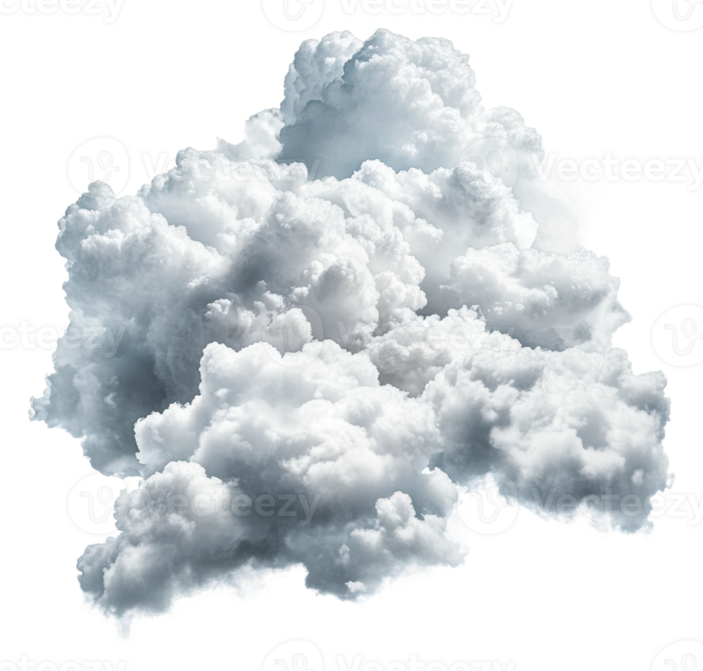 Fluffy white clouds floating in a bright blue sky, cut out - stock . png