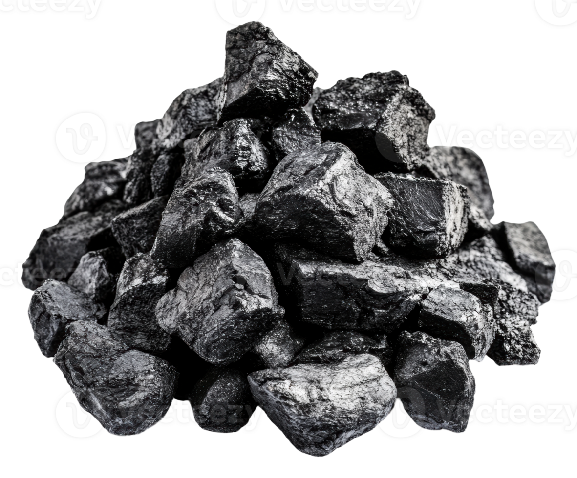 Shiny black coal chunks in bright light, cut out - stock . png