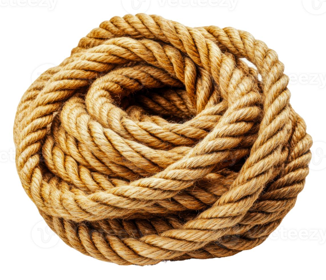 Coiled natural jute rope on a white background, cut out - stock . png