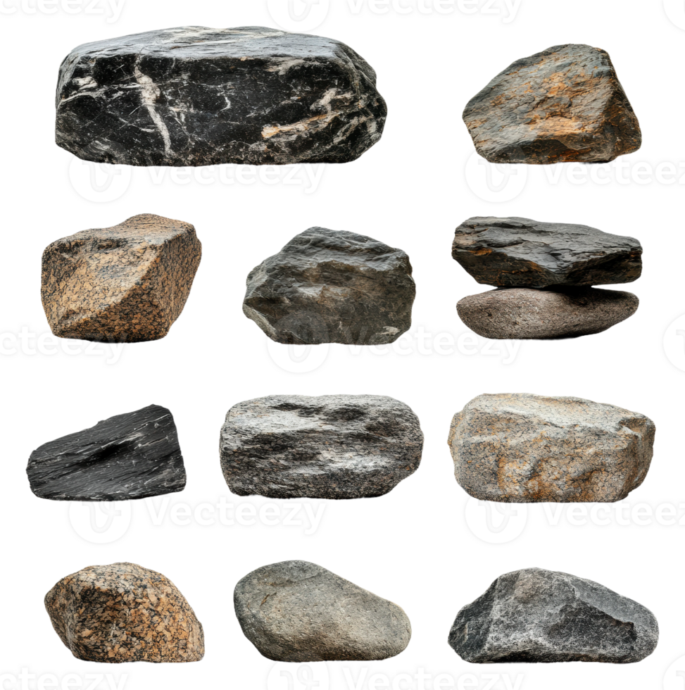 Various rocks displayed on a white background, cut out - stock . png