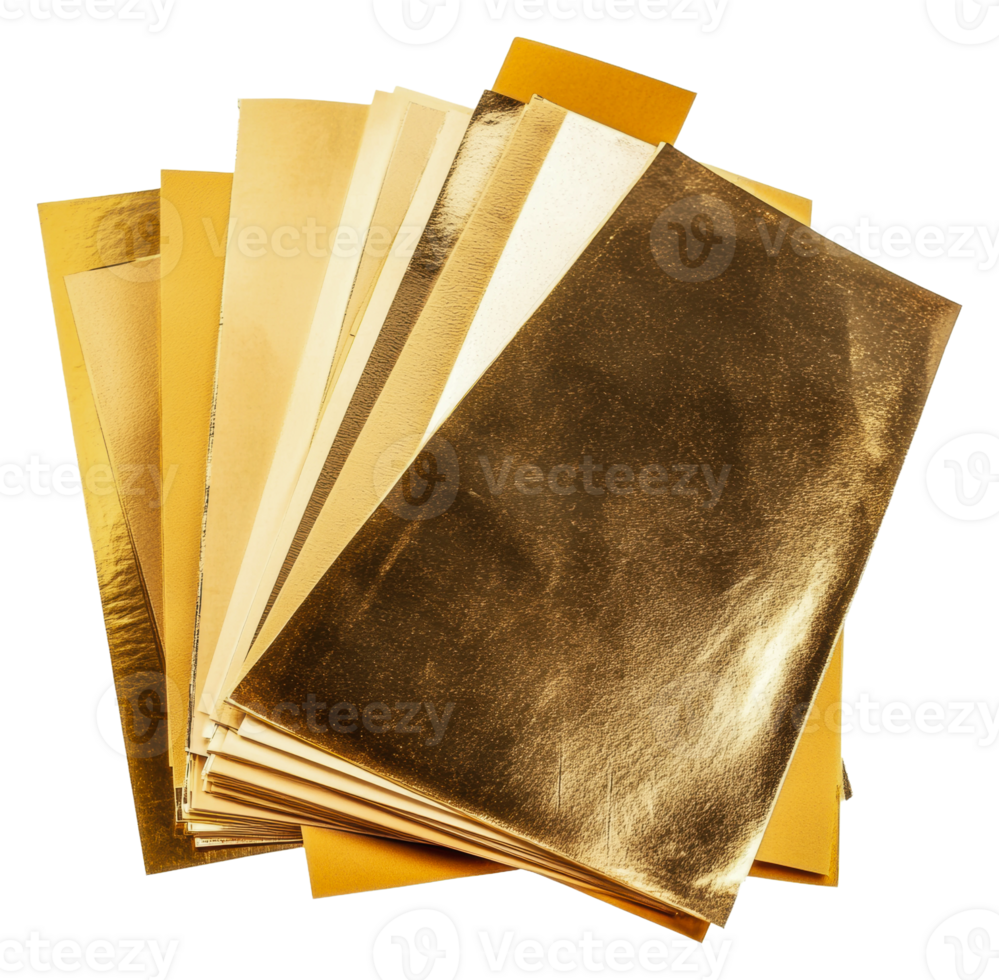 Variety of gold leaf sheets for crafting projects, cut out - stock . png