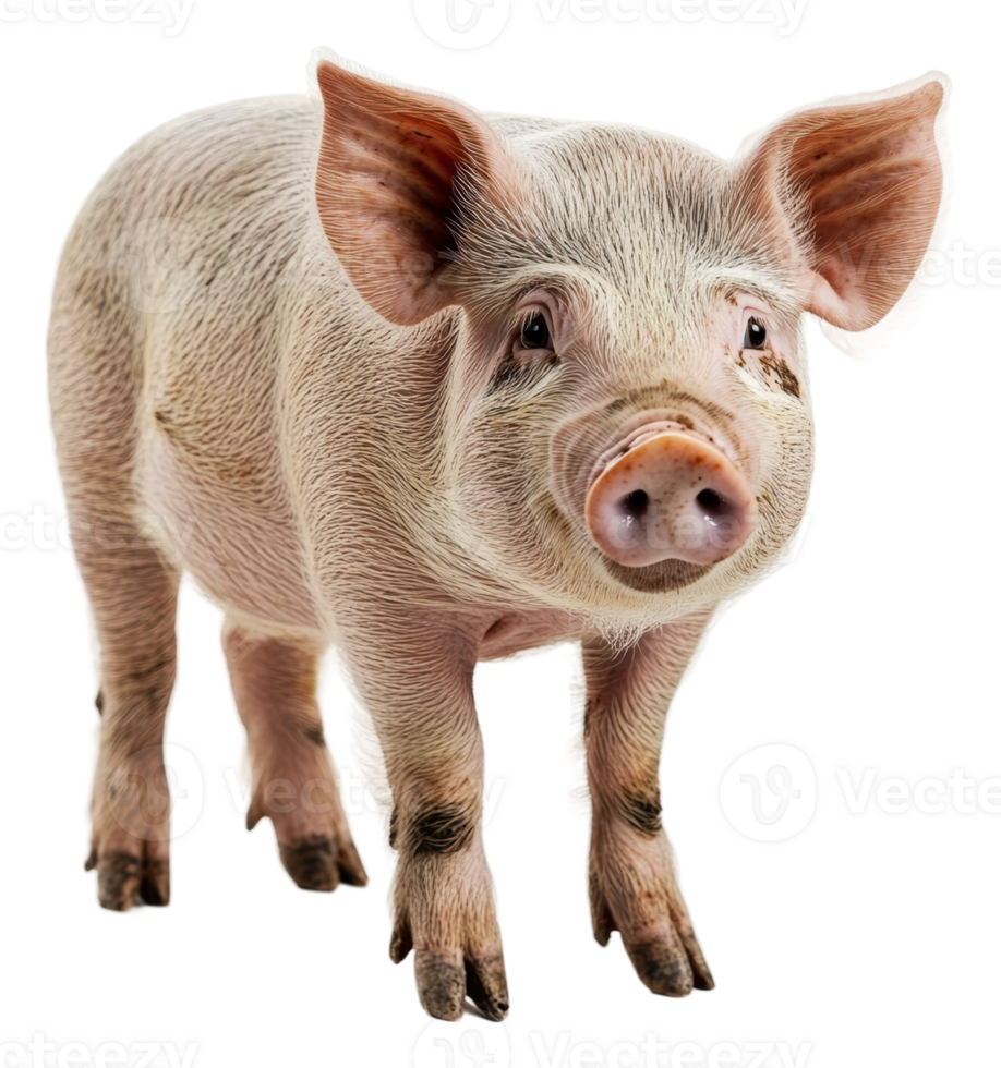 Young pig standing on a white background indoors, cut out - stock . png