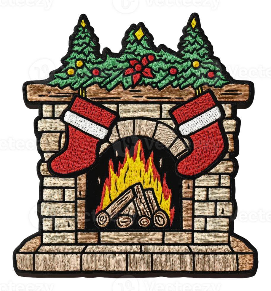Cozy fireplace with stockings and festive decor, cut out - stock . png