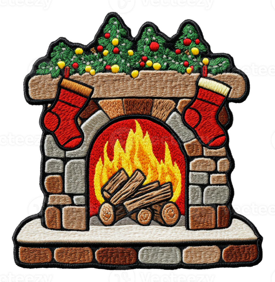 Cozy fireplace with stockings for holiday cheer, cut out - stock . png