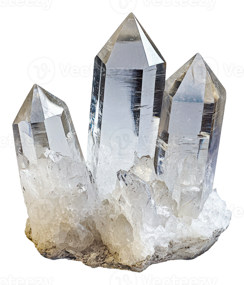 3 clear quartz points on mineral base, cut out - stock . png