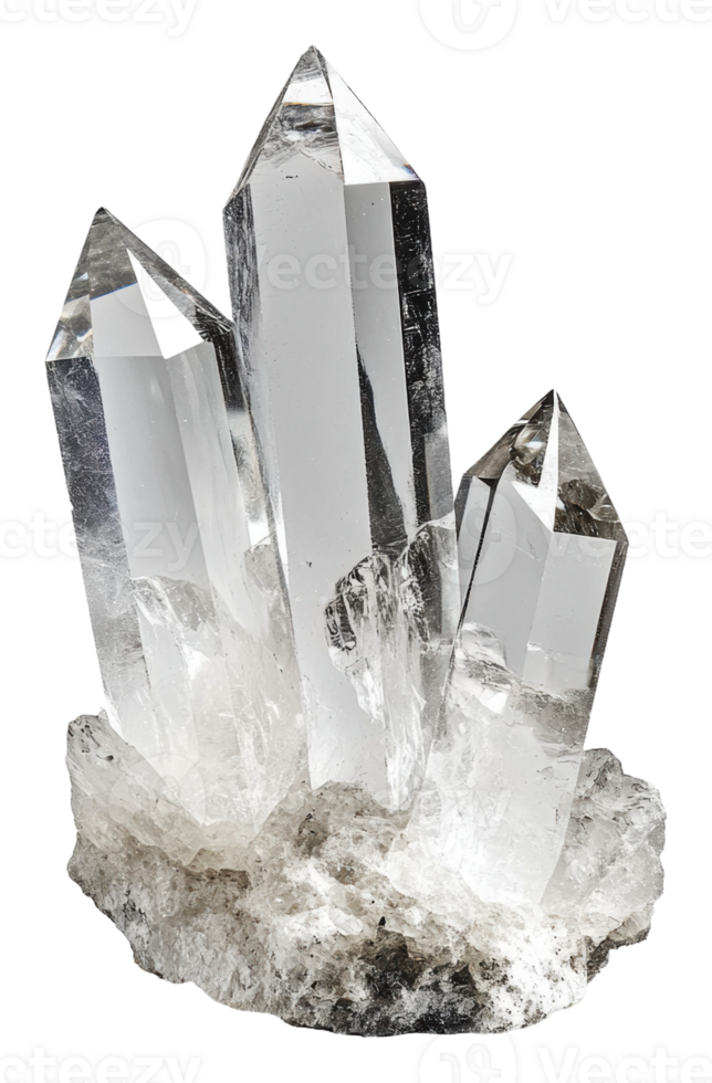 Clear quartz crystal cluster on a natural surface, cut out - stock . png