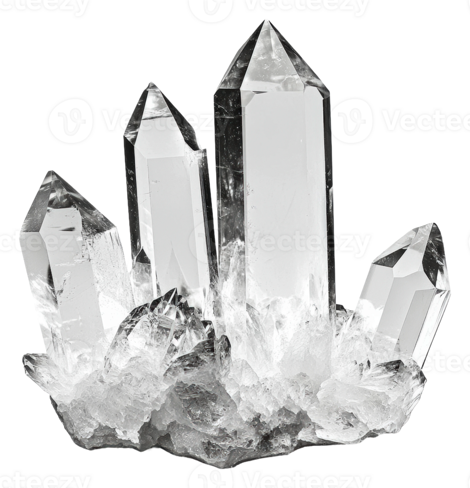 Quartz crystal cluster on display, cut out - stock . png