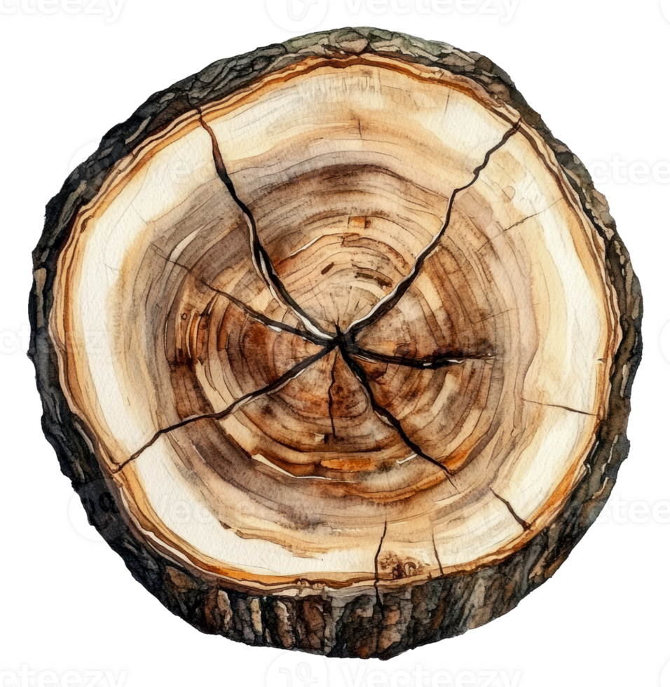 Detailed cross-section of a tree trunk with rings, cut out - stock . png