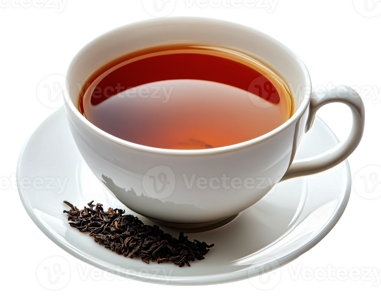 warm kop van zwart thee met thee bladeren Aan een schotel, besnoeiing uit - voorraad . png