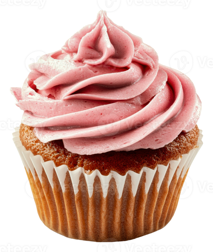 Delicious cupcake with pink frosting on display, cut out - stock . png