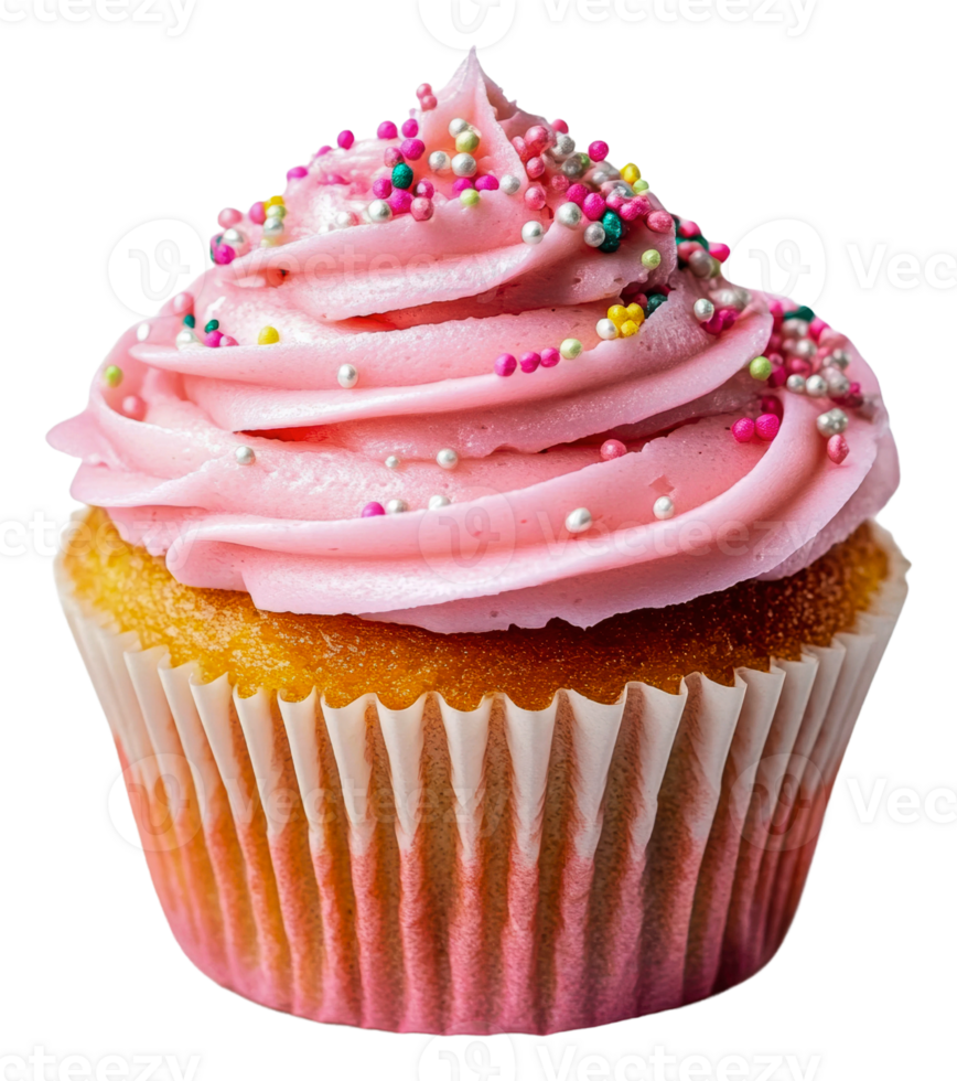 Delicious pink frosted cupcake with sprinkles, cut out - stock . png