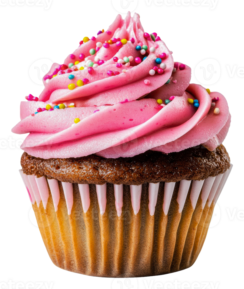 Delicious pink frosted cupcake with sprinkles, cut out - stock . png
