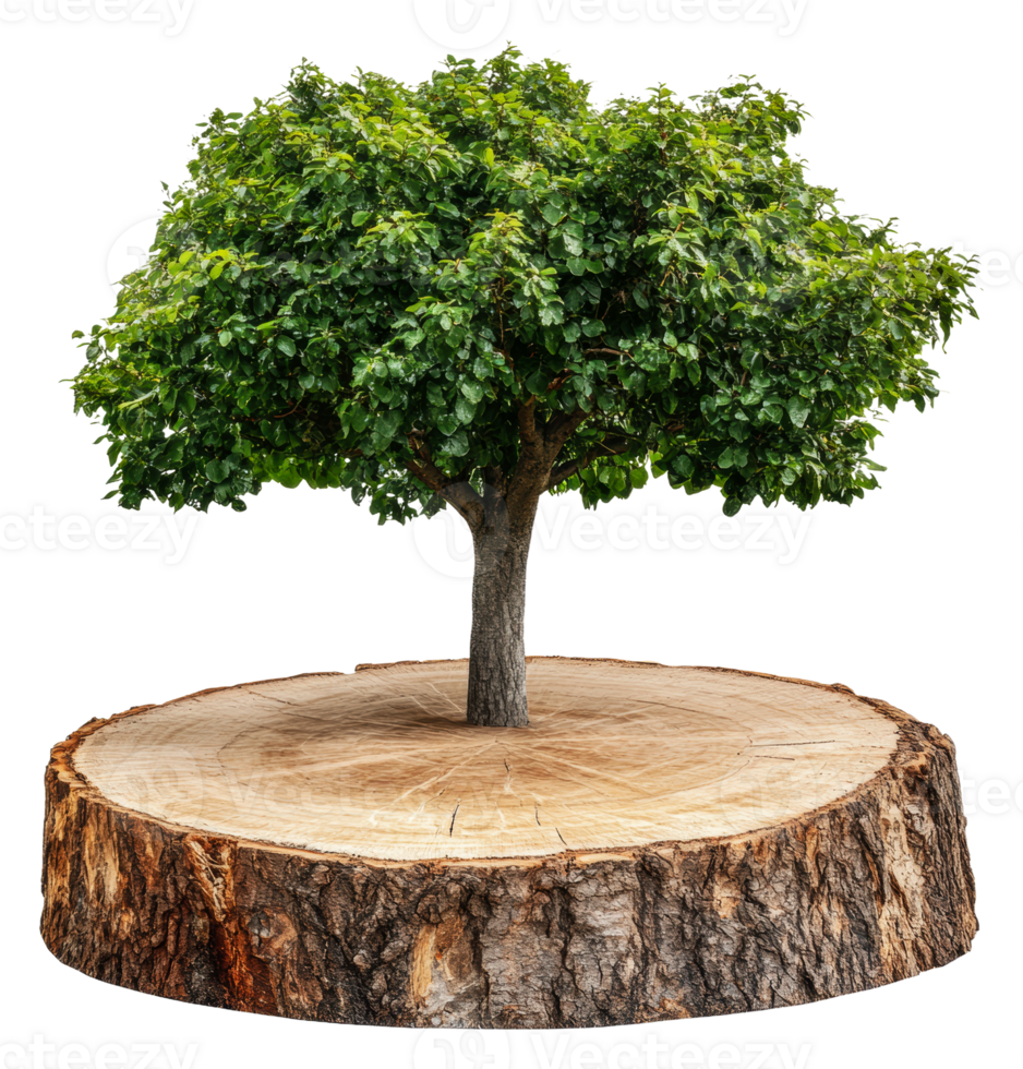 Tree growing on a cut tree stump in natural light, cut out - stock . png