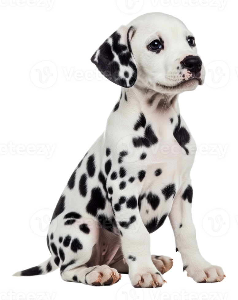 Playful Dalmatian puppy sitting indoors, cut out - stock . png