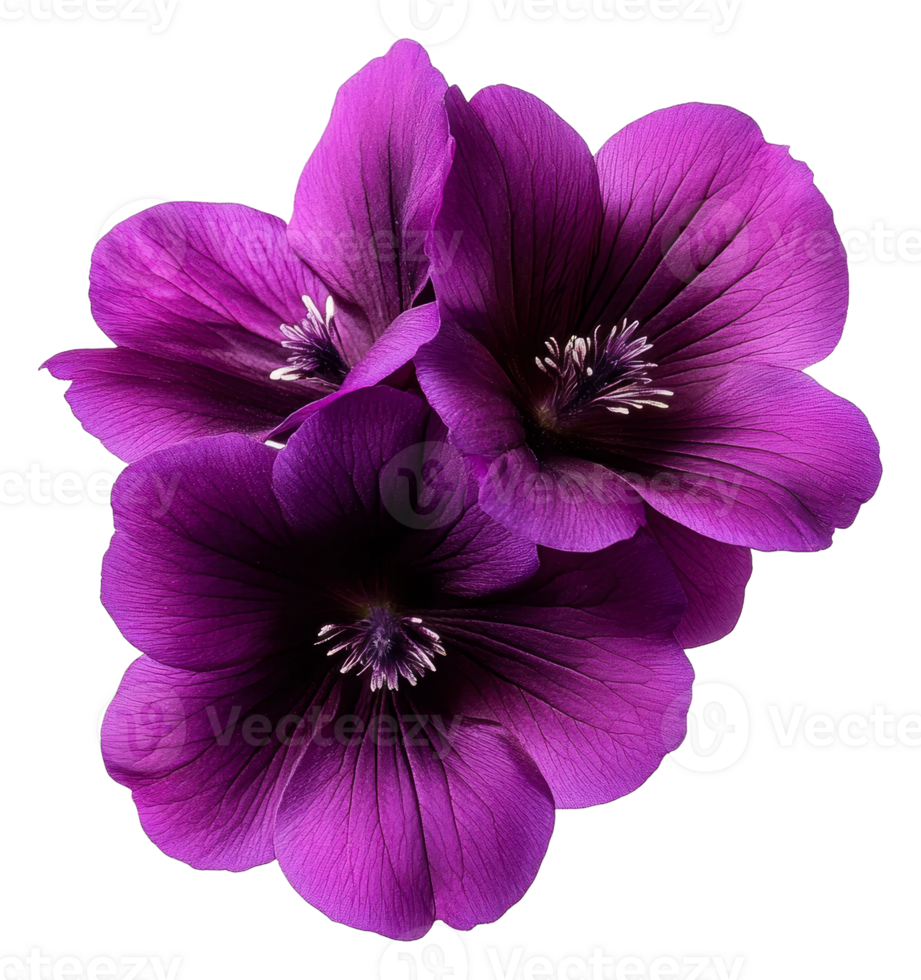 Three vibrant purple flowers blooming together, cut out - stock . png