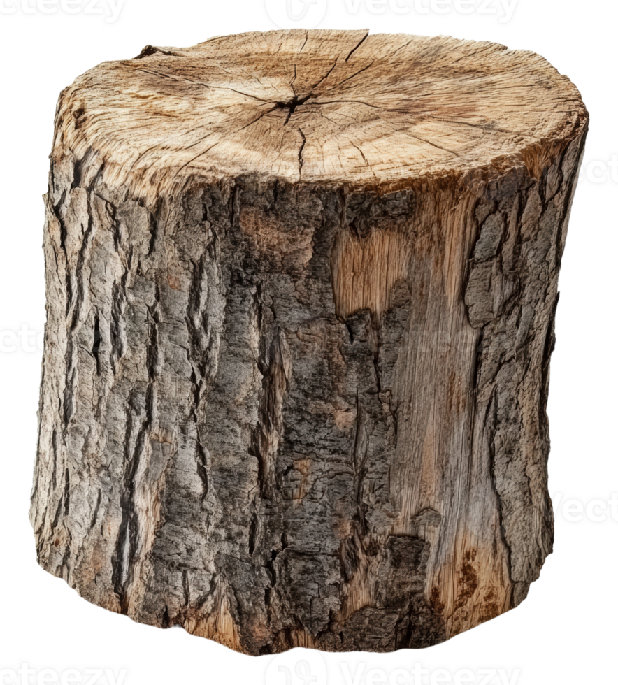 Rustic wooden stump resting on a white surface, cut out - stock . png