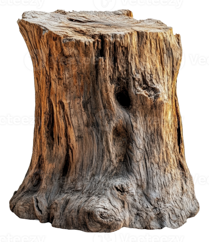 Weathered tree stump in natural wood texture, cut out - stock . png
