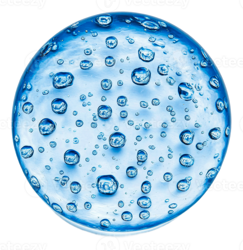 Blue droplets in clear liquid sphere, cut out - stock . png