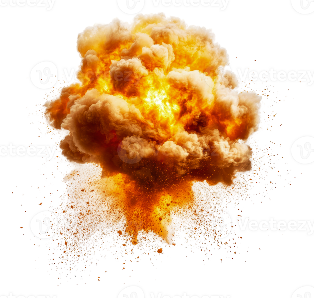 Explosion of orange-colored smoke and fire at noon, cut out - stock . png