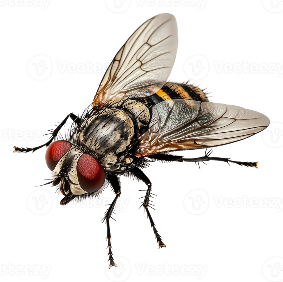 Close-up view of a fly with translucent wings, cut out - stock . png