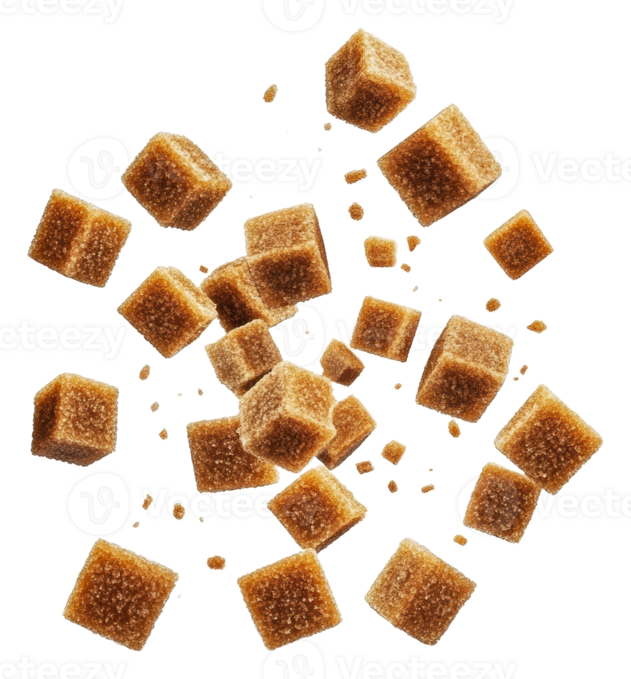 Brown sugar cubes in mid-air, cut out - stock . png