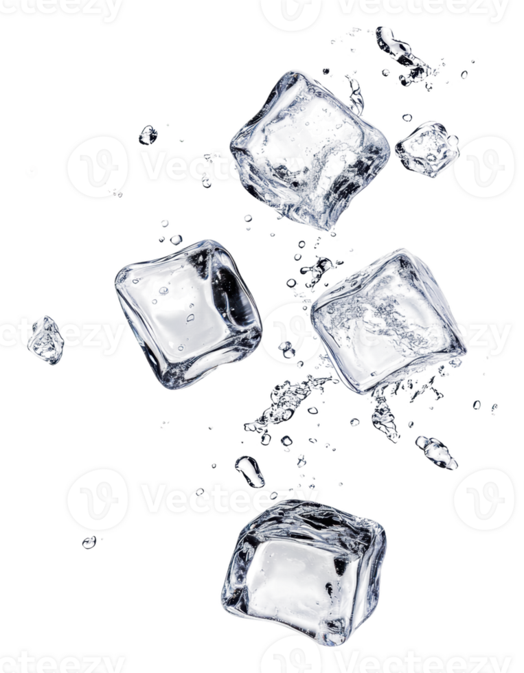 Ice cubes splashing in clear water droplets, cut out - stock . png