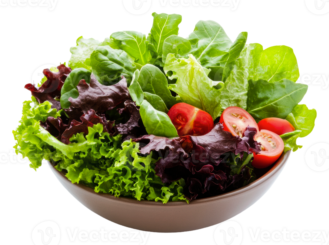 Fresh salad bowl with greens and tomatoes, cut out - stock . png