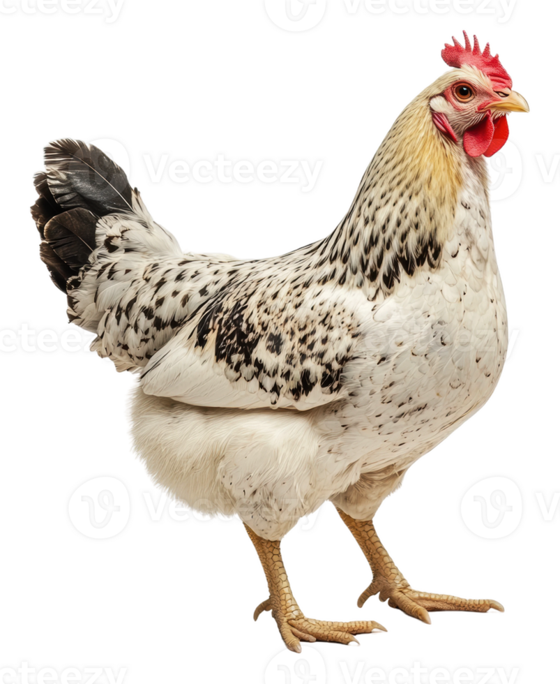 A speckled chicken standing proudly on display, cut out - stock . png