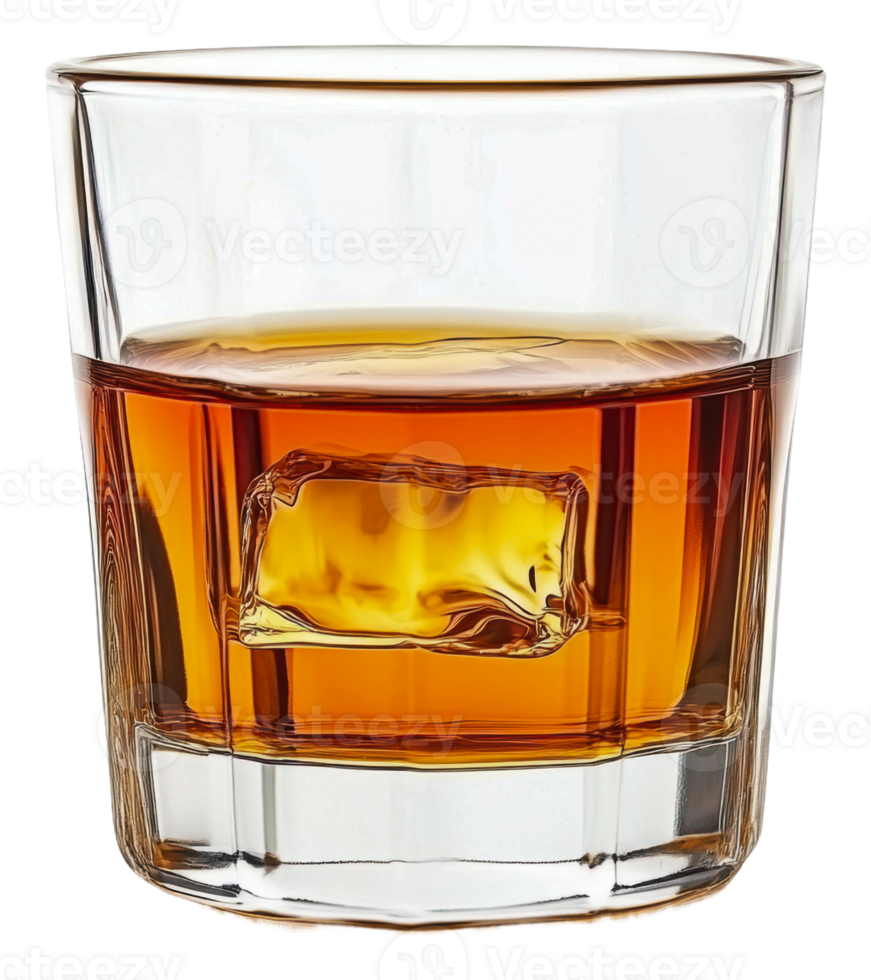 A glass of whiskey with ice on a wooden table, cut out - stock . png