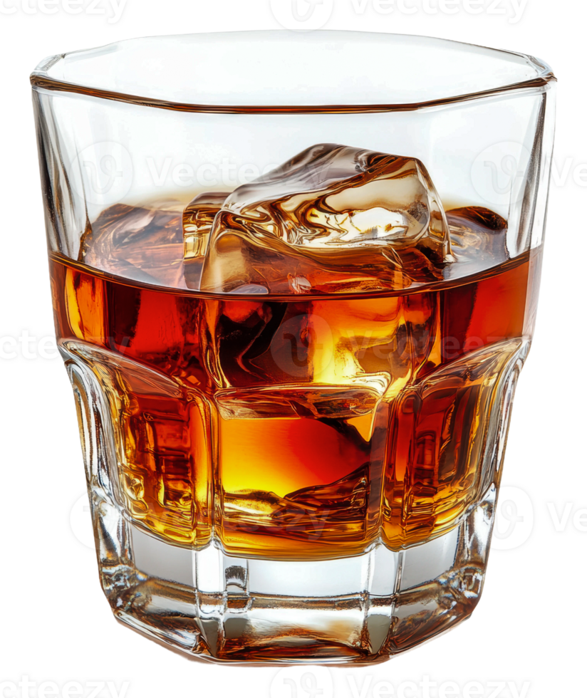 Whiskey on the rocks in a clear glass tumbler, cut out - stock . png