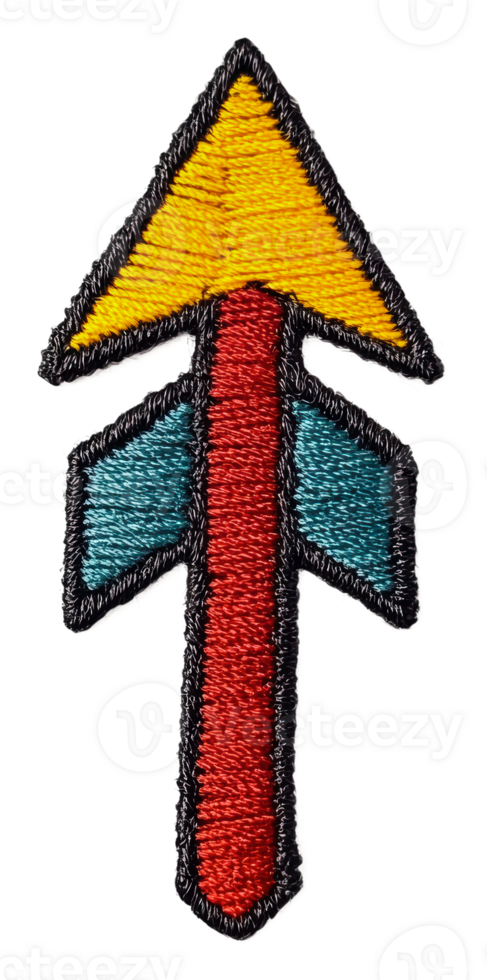 Colorful embroidered arrow patch design displayed, cut out - stock . png