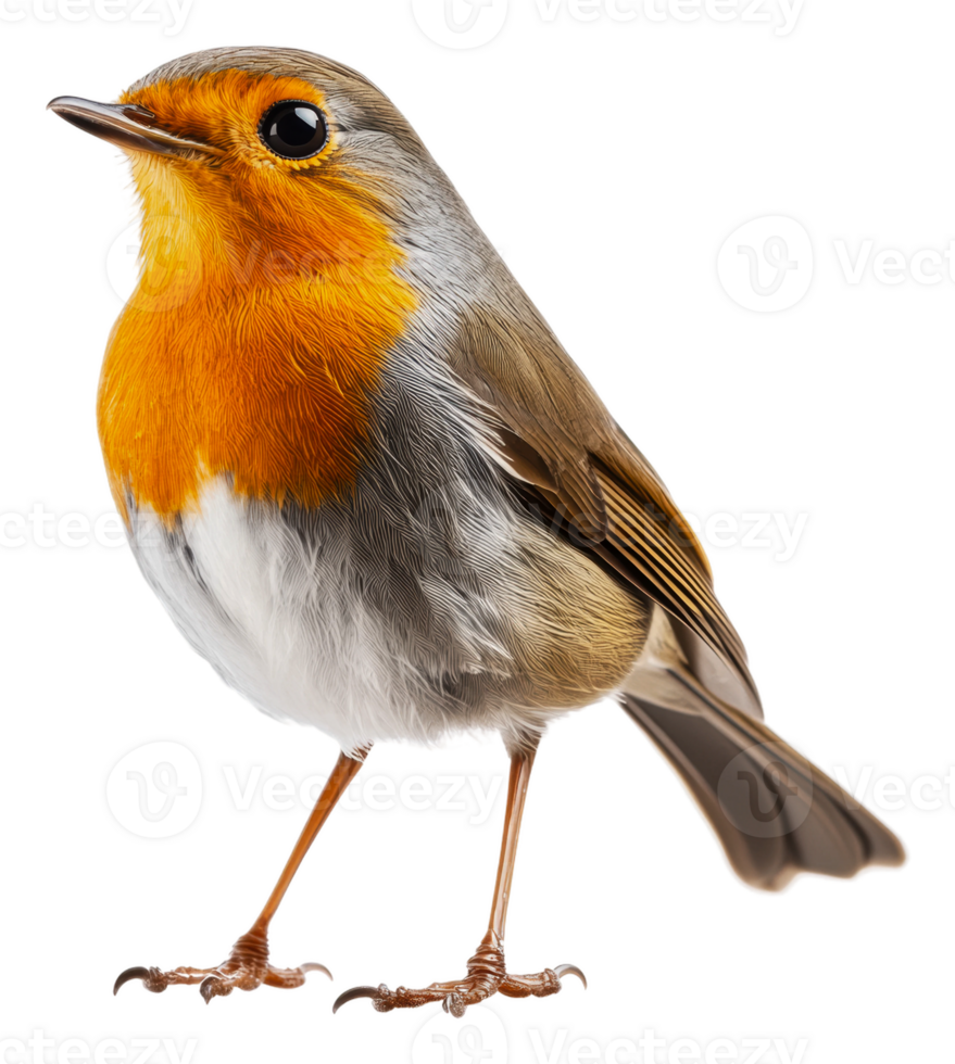 A European robin standing on a white background, cut out - stock . png