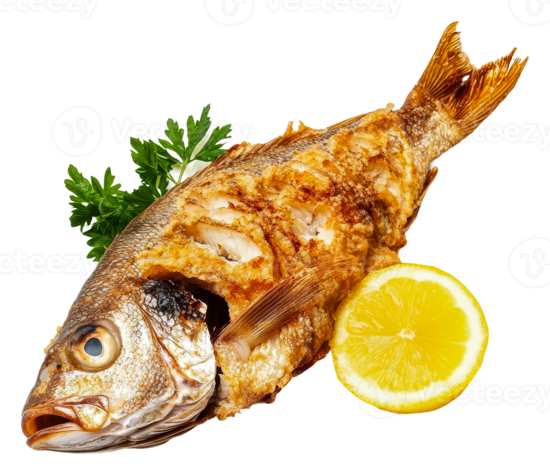Crispy fried fish garnished with lemon and parsley, cut out - stock . png