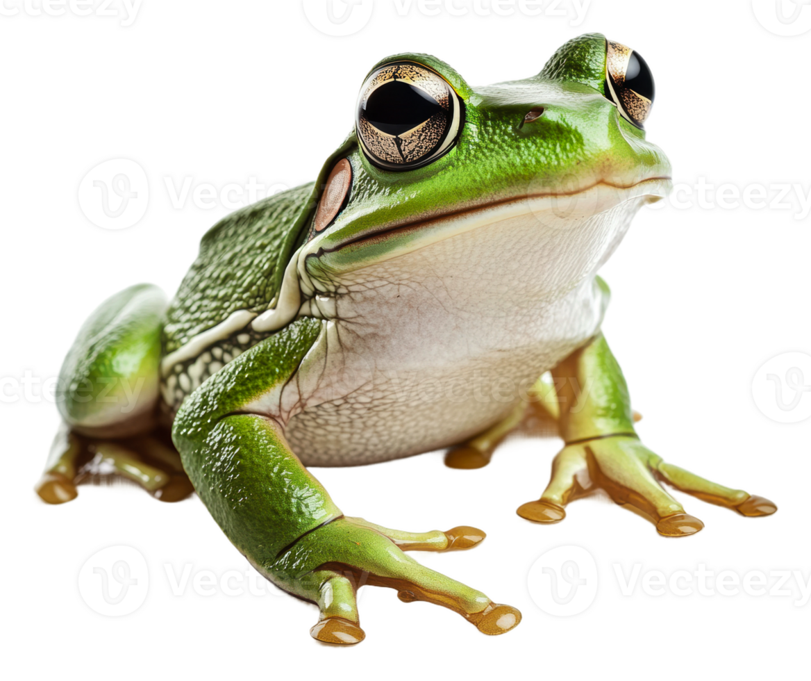 A vibrant green frog resting on a white surface, cut out - stock . png