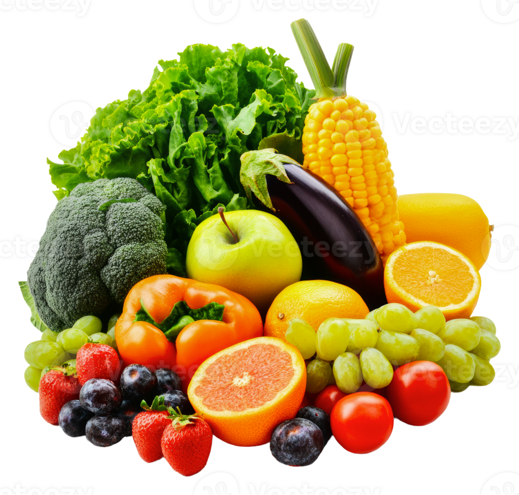 Fresh assortment of colorful vegetables and fruits, cut out - stock . png