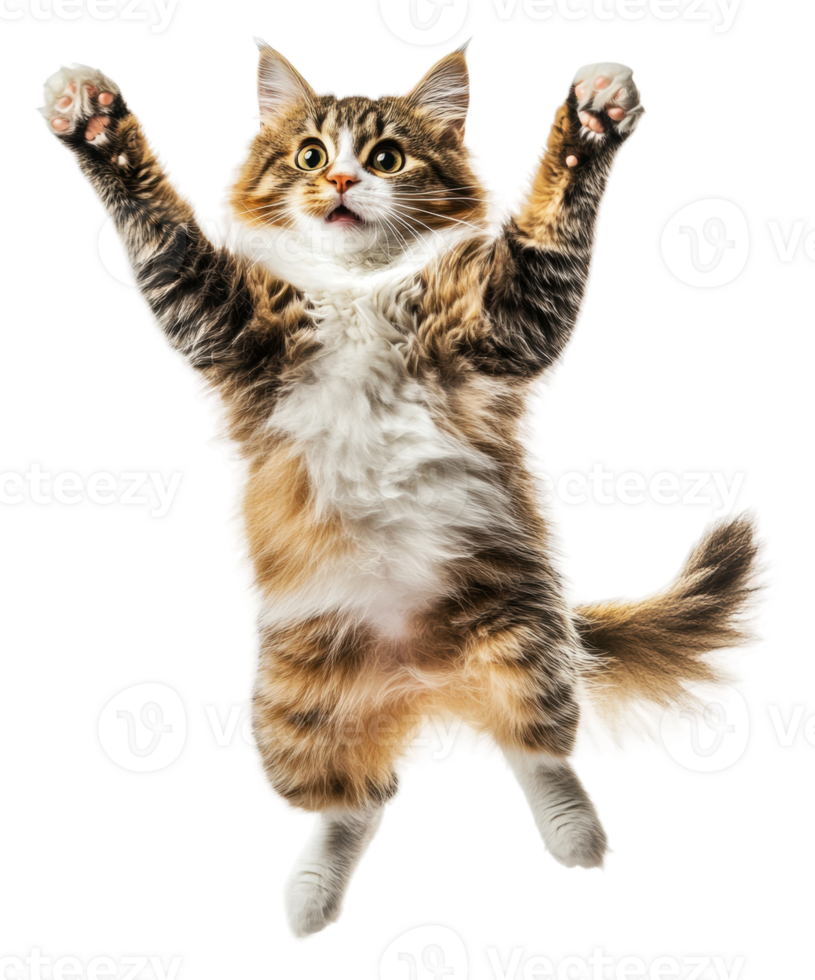 Energetic cat leaps joyfully in indoor setting, cut out - stock . png