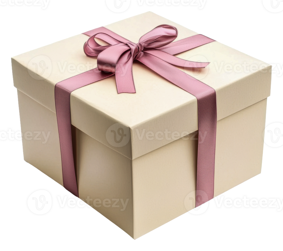 Pink-ribboned gift box on white background, cut out - stock . png